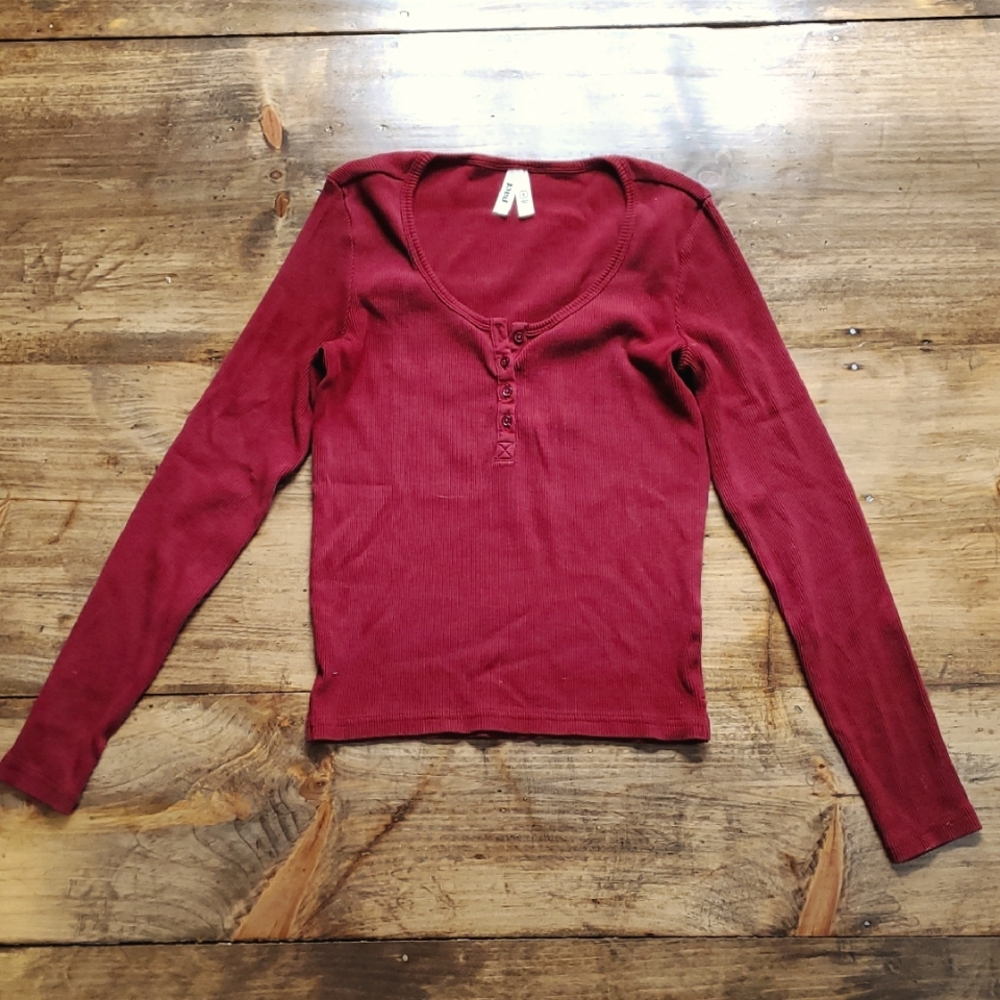 Pact Organic Cotton Women's Red Ribbed Long Sleeve Henley Top